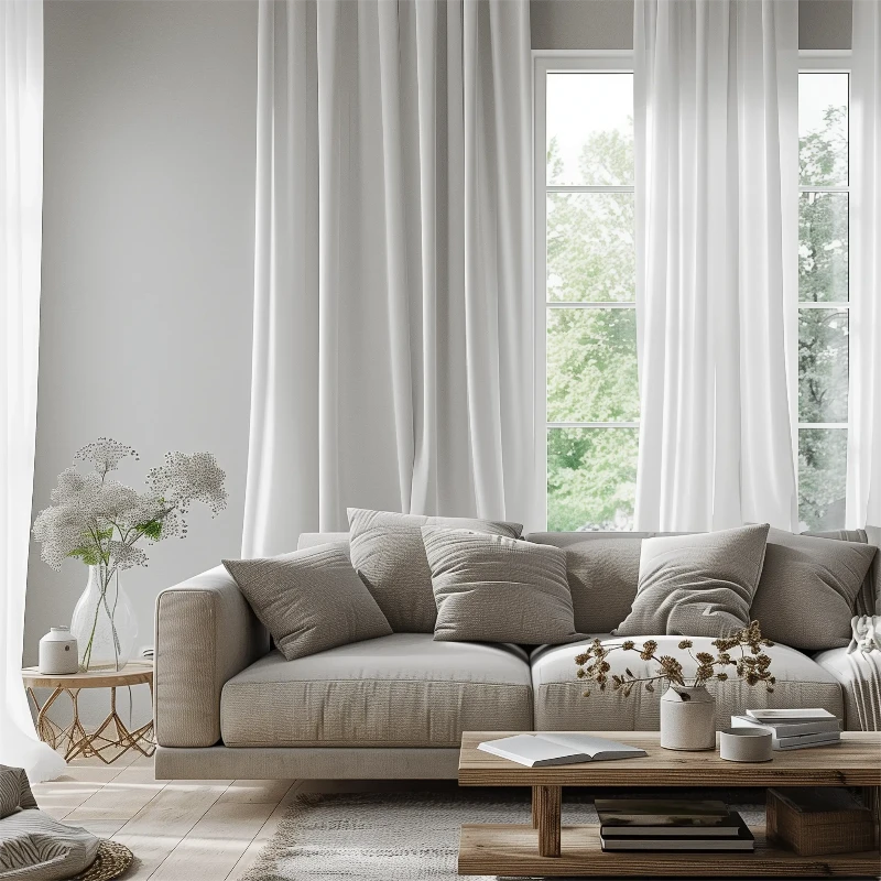 Chic living room with premium drapery, modern sofa, and minimalist decor.