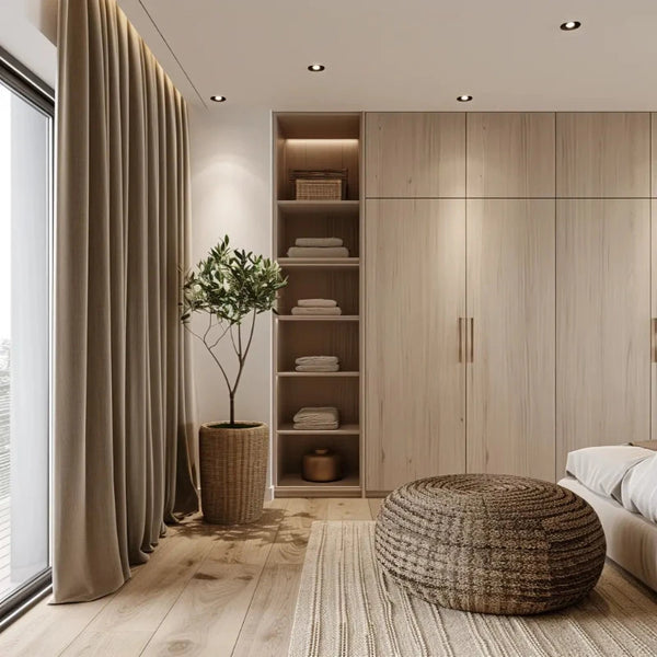 Modern bedroom with beige velvet drapery, wooden cabinetry, and natural decor, creating a warm and inviting atmosphere.