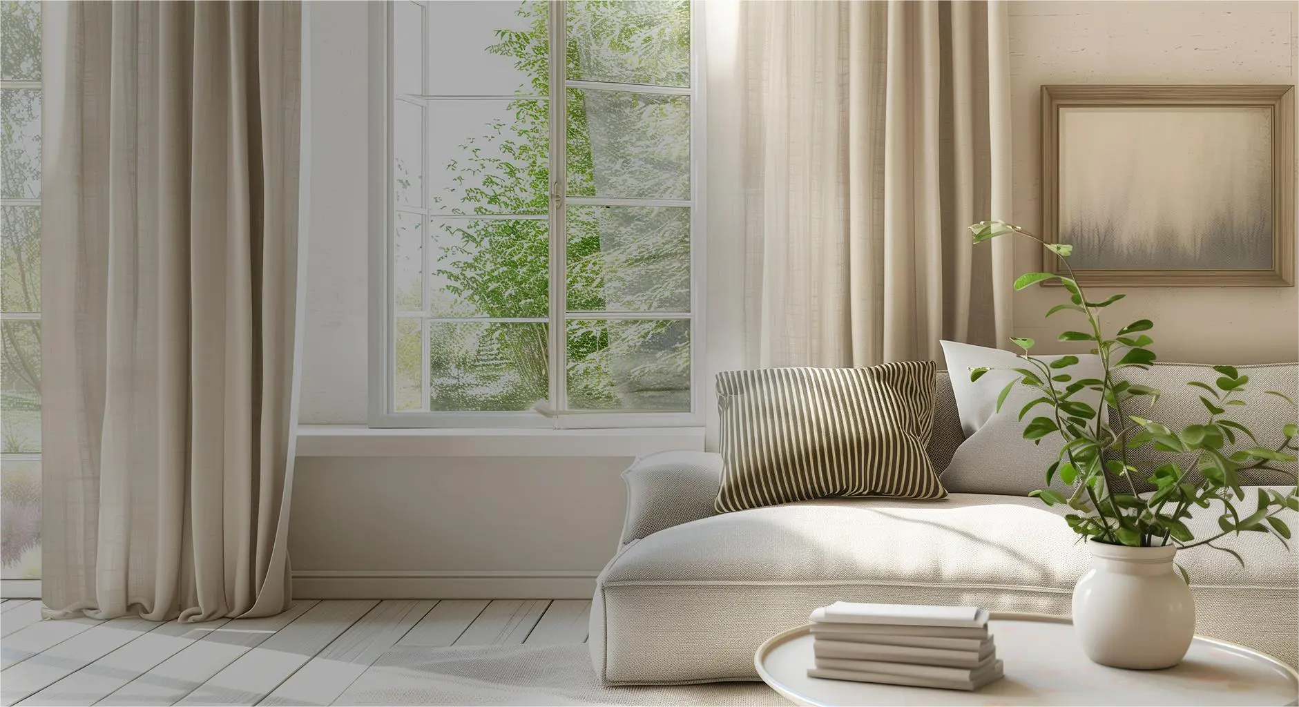 Living room with neutral-furniture, soft beige curtains, and a cozy reading nook.