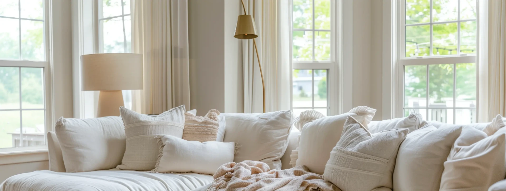 Cozy living room with soft white drapery, comfortable sofa, and neutral cushions