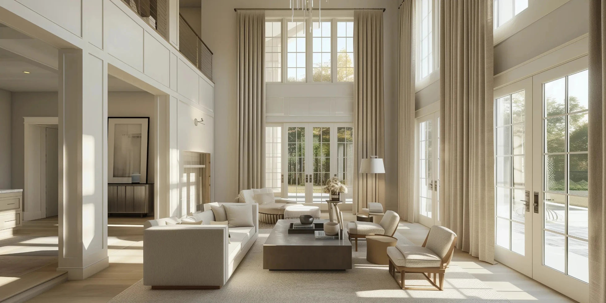 Luxurious villa living room with premium drapery, high ceilings, and elegant furniture.