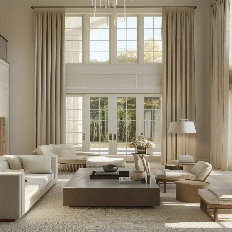 Luxurious villa living room with premium drapery, high ceilings, and elegant furniture.