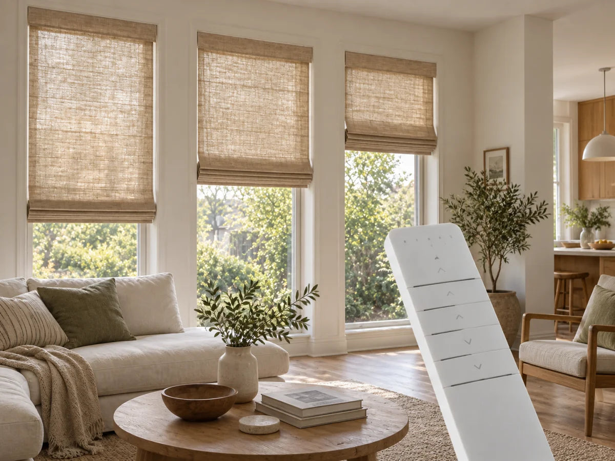 Multi-channel remote in a living room with three woven Roman shades