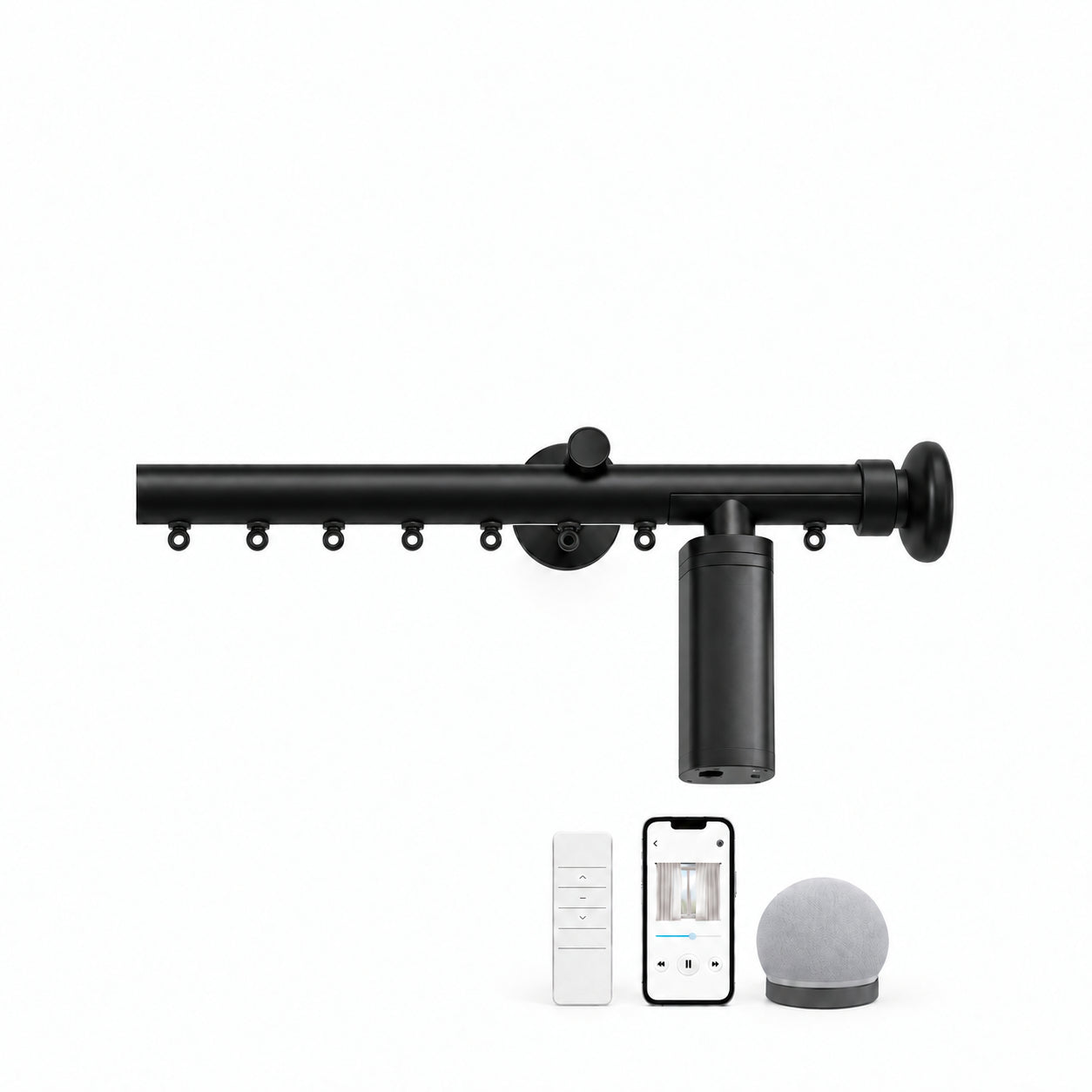 Rylan black motorized curtain rod with motor and control options