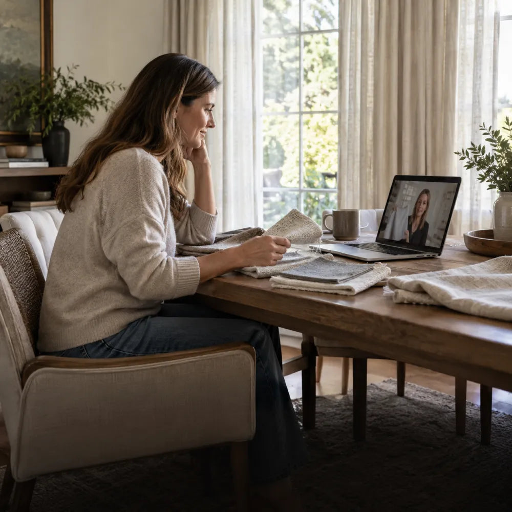 A woman reviewing curtain fabric samples during a video design consultation at home