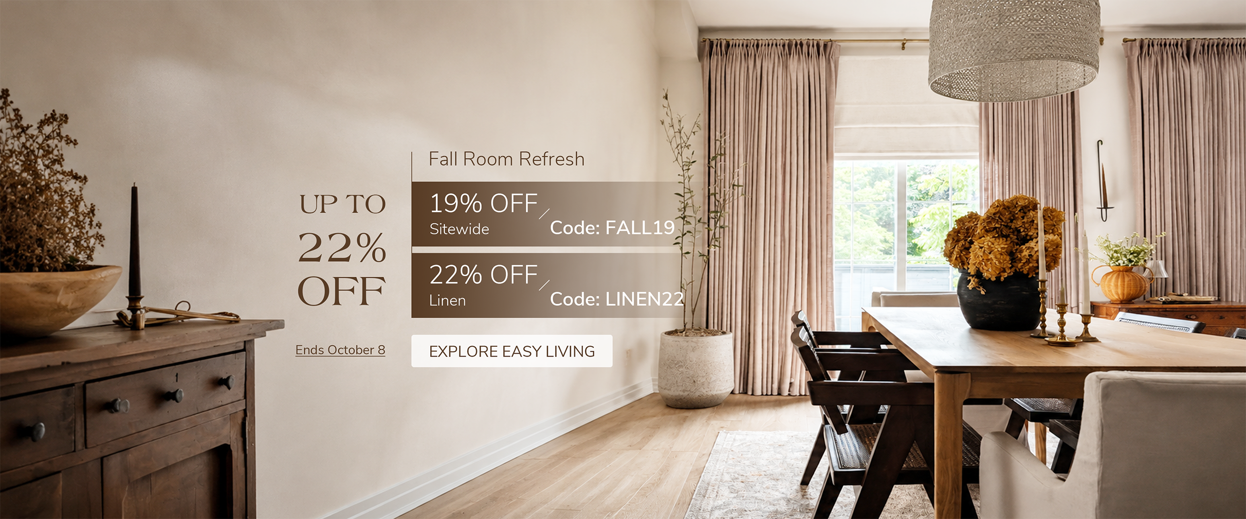Fall Room Refresh: up to 22% off, including 19% off sitewide with code FALL19 and 22% off linen with code LINEN22, ends October 8