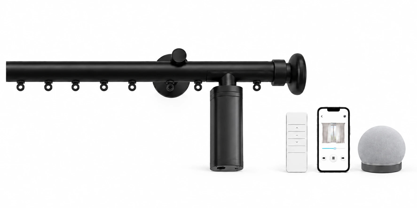Rylan motorized curtain rod with remote, phone and smart speaker